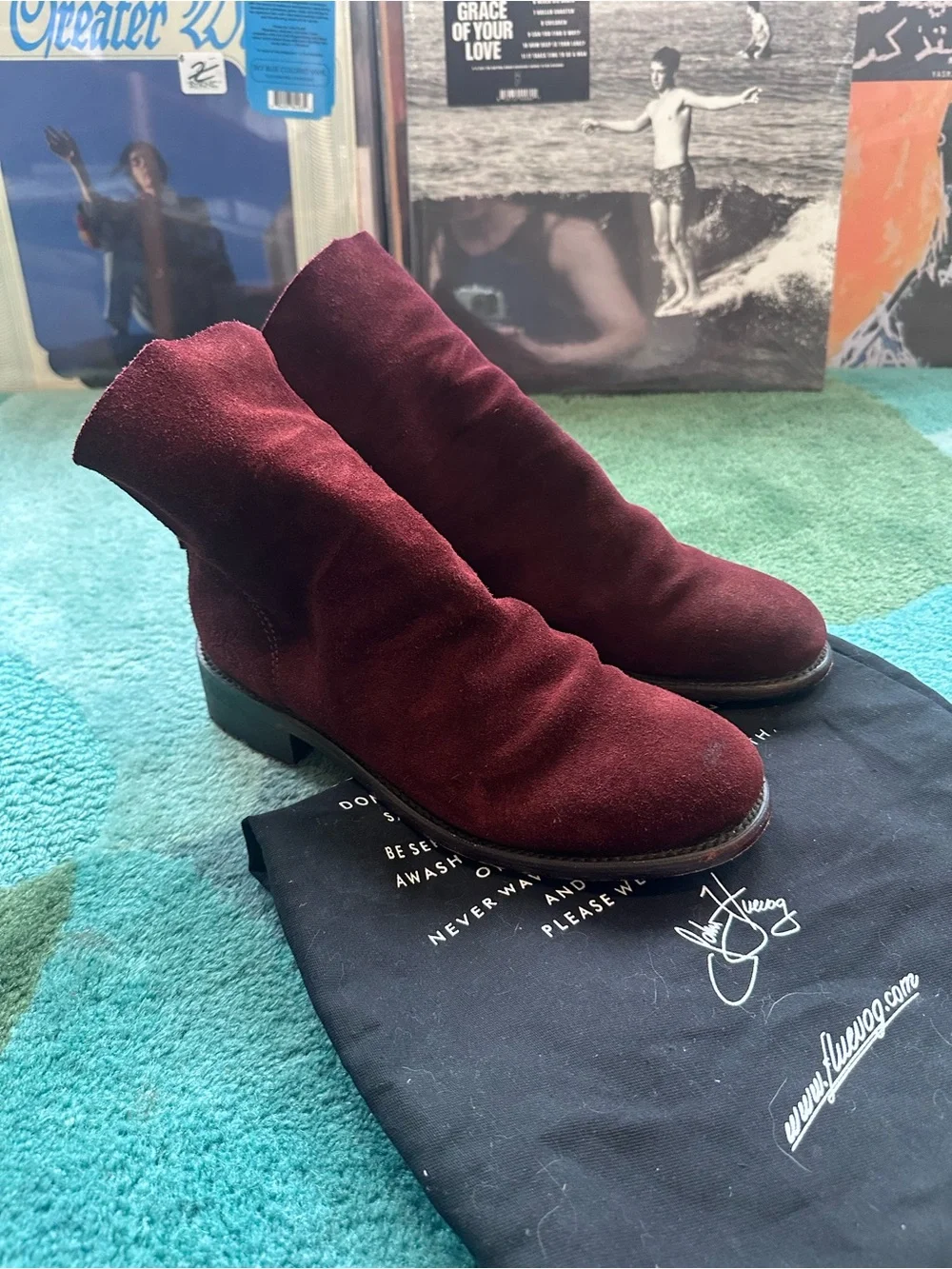 Fluevog EXCELLENT Living 2.0 Foster 2.0 burgundy suede slouchy ankle boot-8